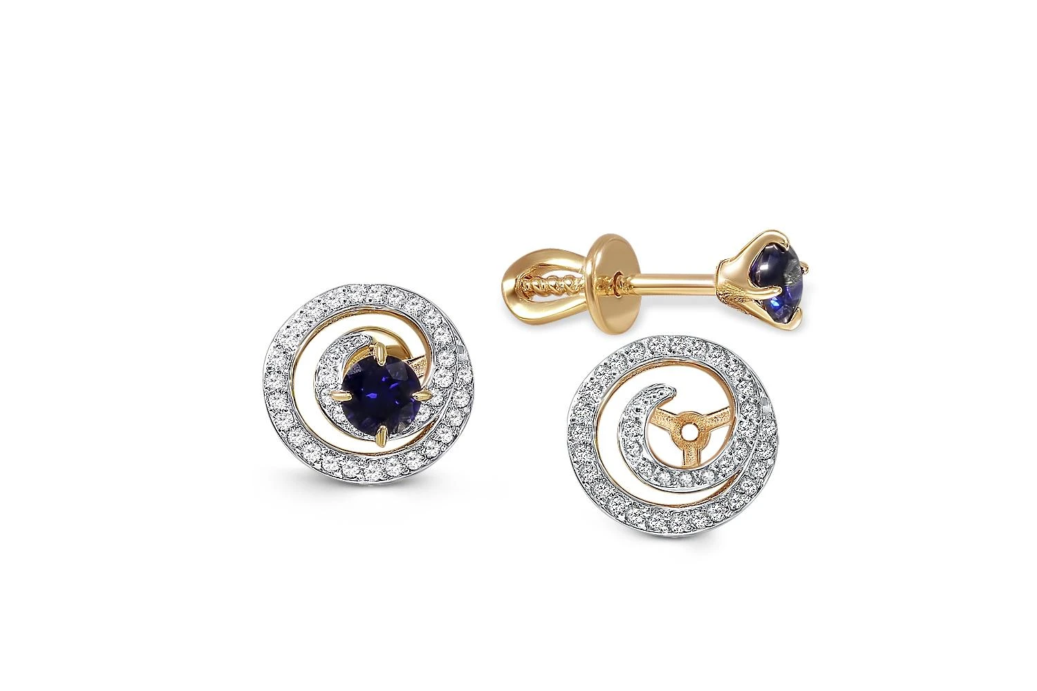 Серьги-пусеты из жёлтого золота с 2 корундами и 72 фианитами