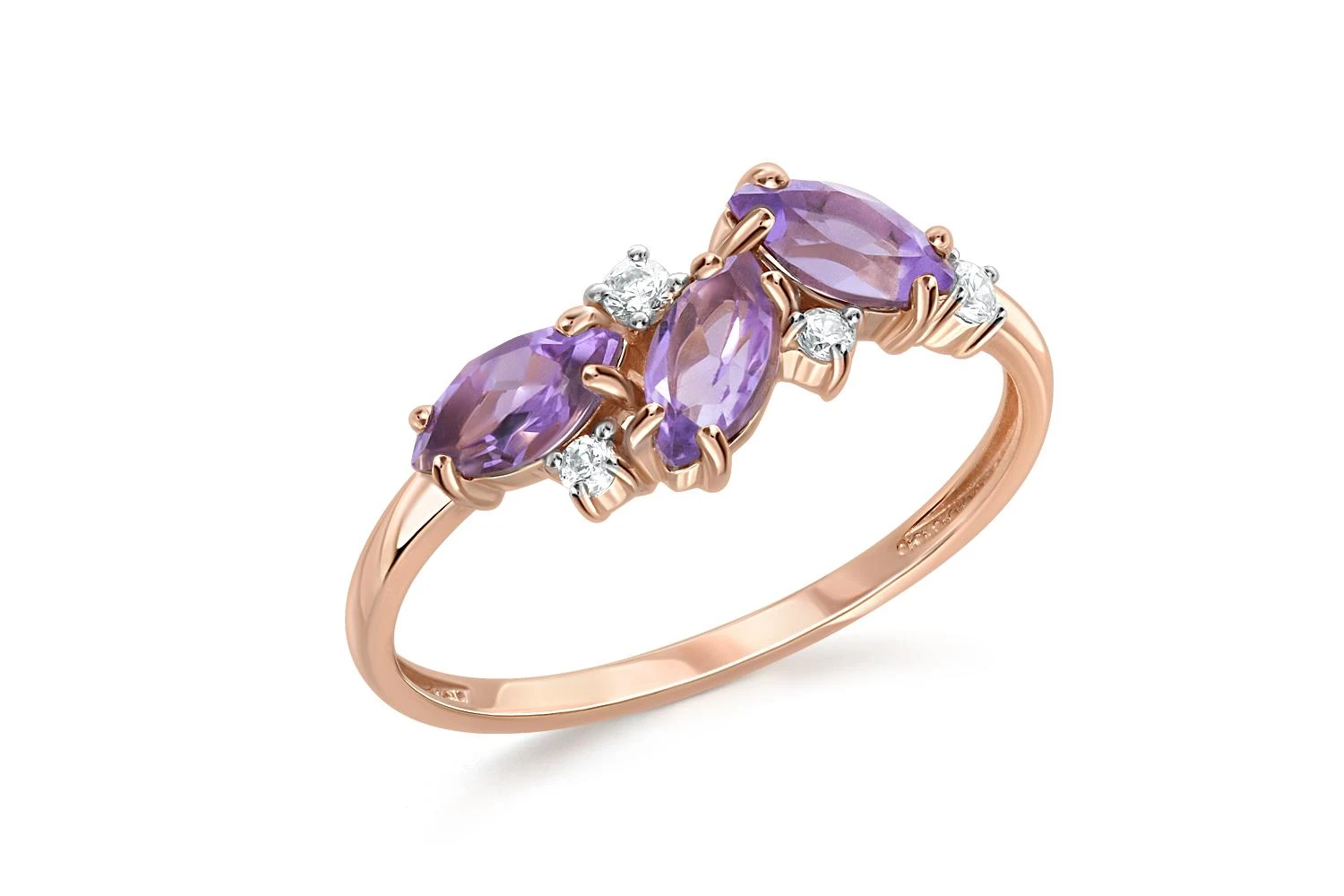 Кольцо из красного золота с 3 аметистами и 4 фианитами