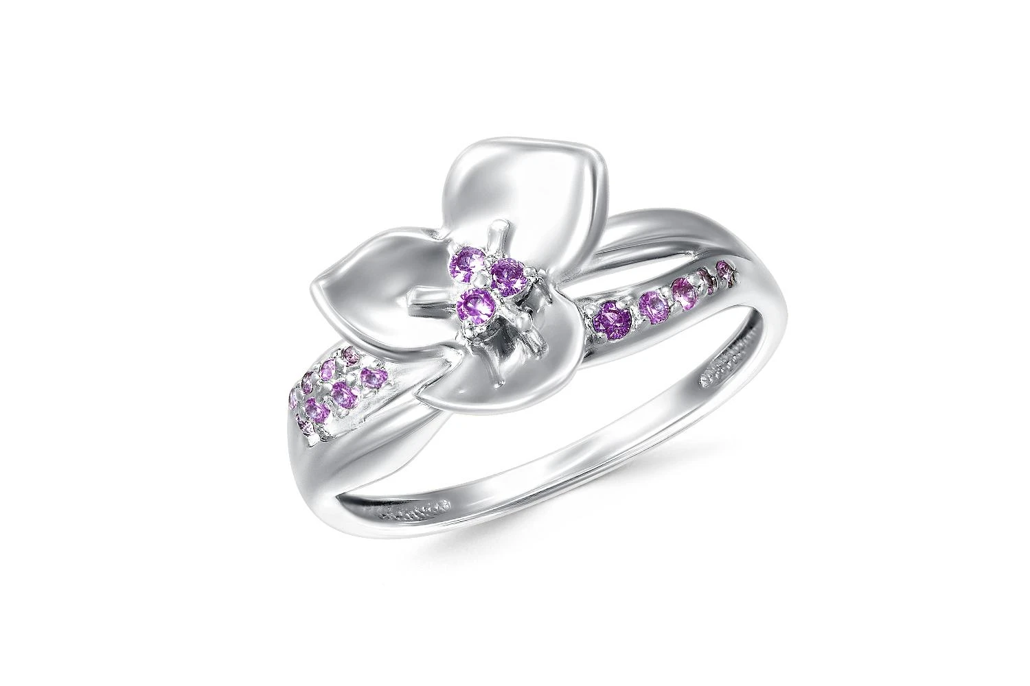 Кольцо Цветок из белого золота с 16 аметистами
