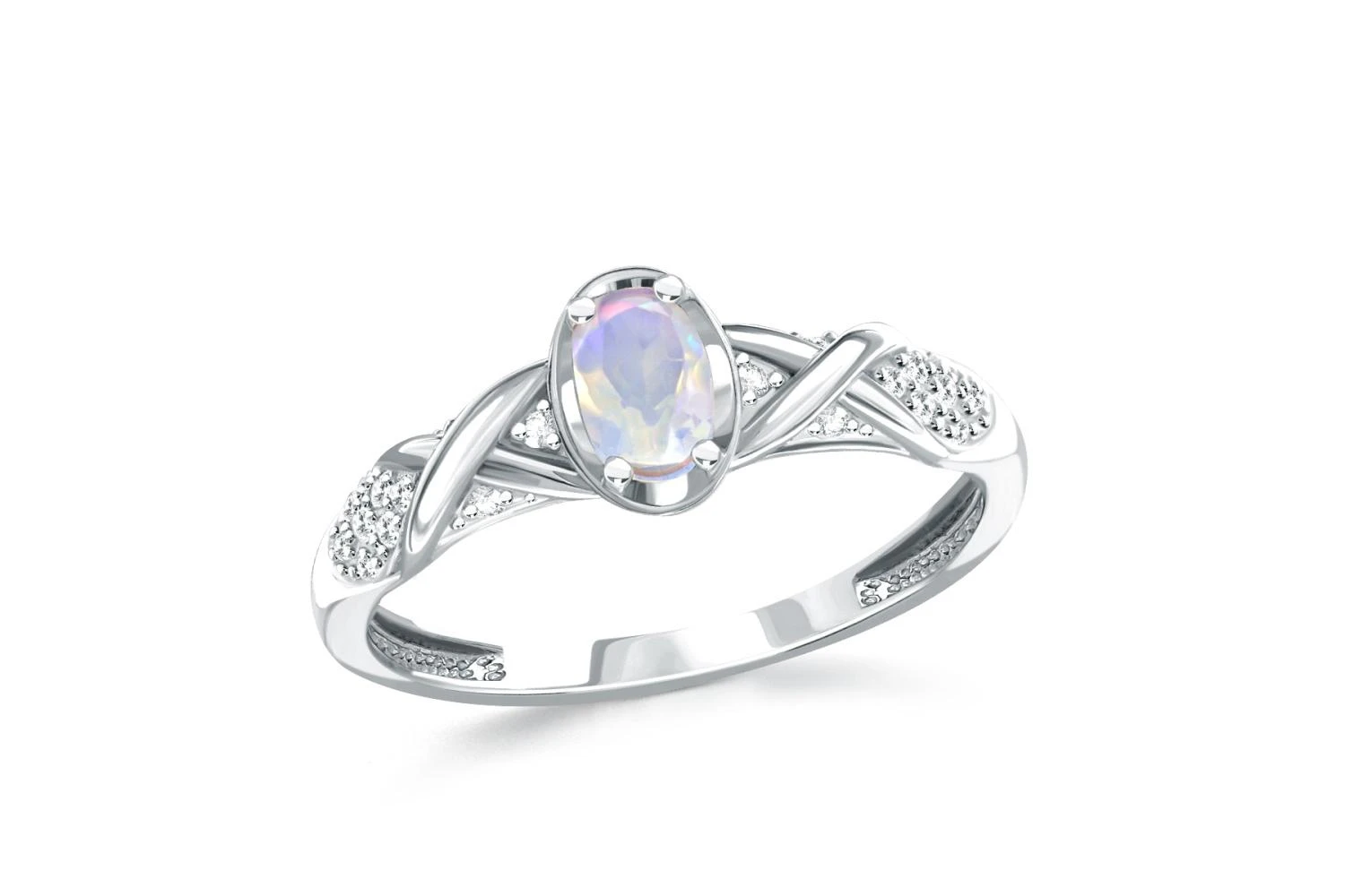 Кольцо из белого золота с опалом и 20 фианитами