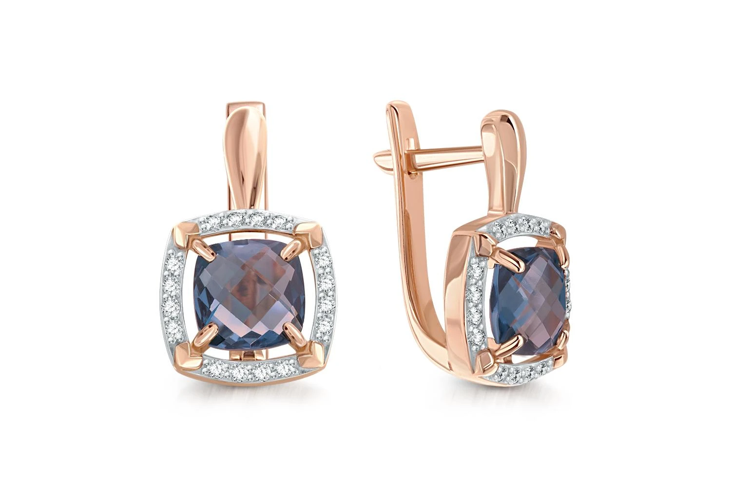 Серьги из красного золота с 2 александритами и 32 фианитами