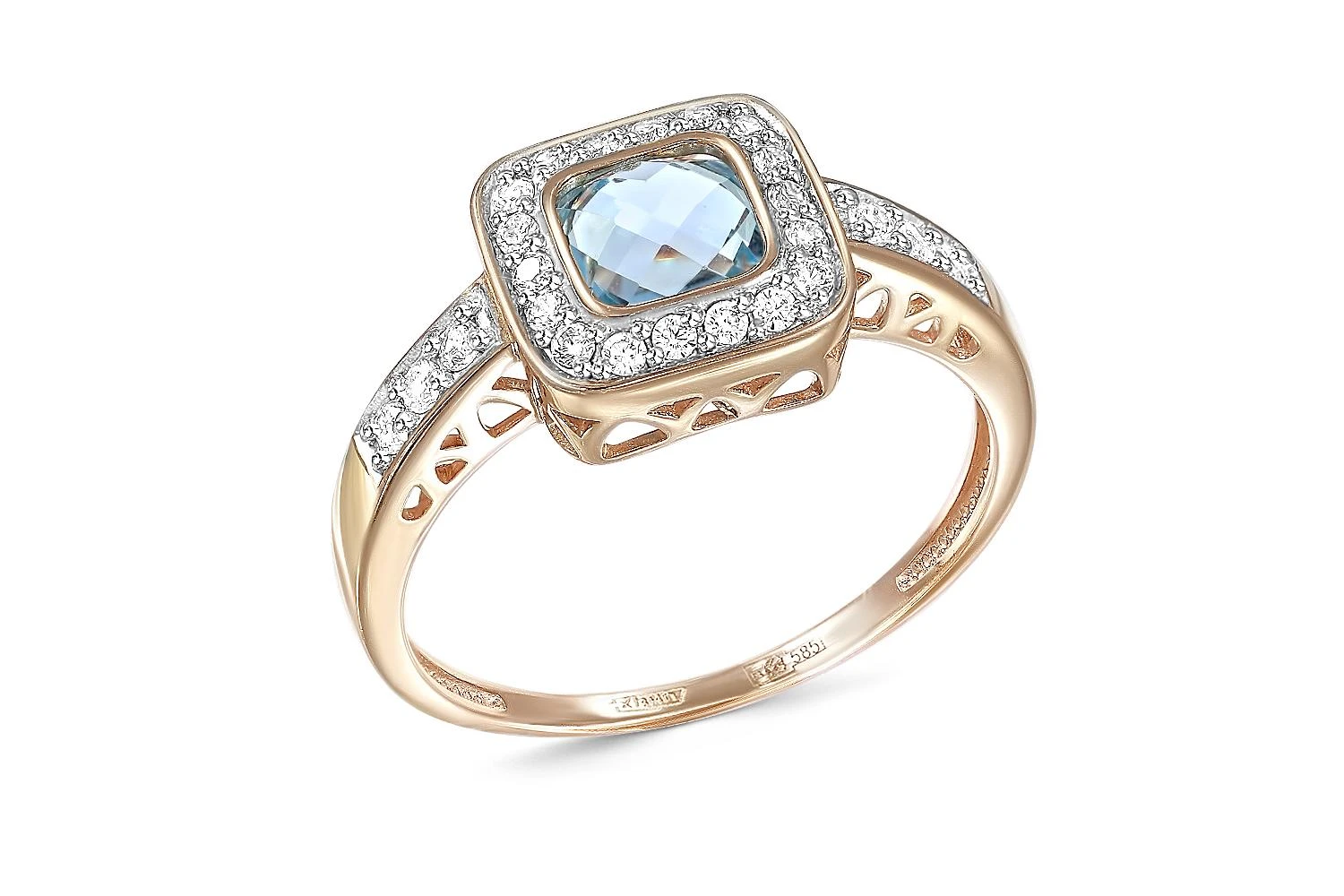 Кольцо из красного золота с топазом sky и 24 фианитами