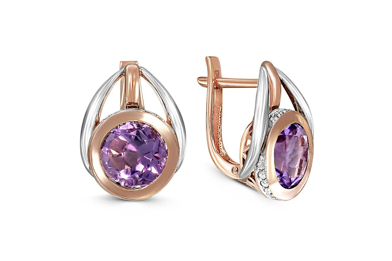 Серьги из красного золота с 2 аметистами и 36 фианитами