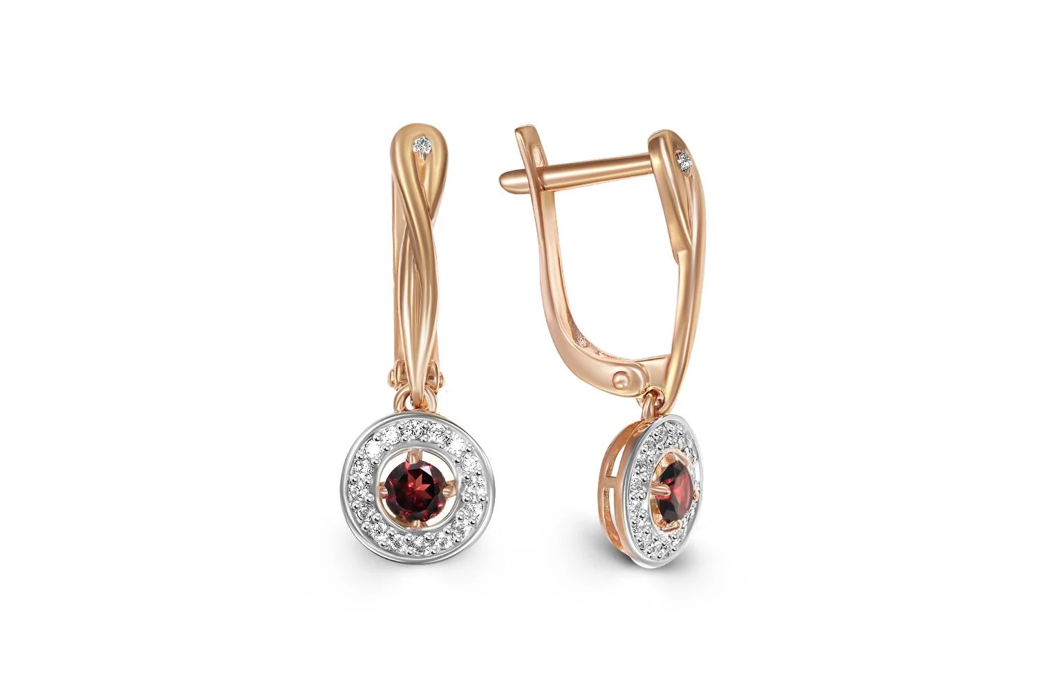 Серьги из красного золота с 2 гранатами и 34 фианитами
