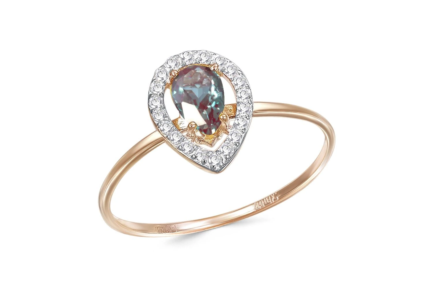 Кольцо из красного золота с александритом и 20 фианитами