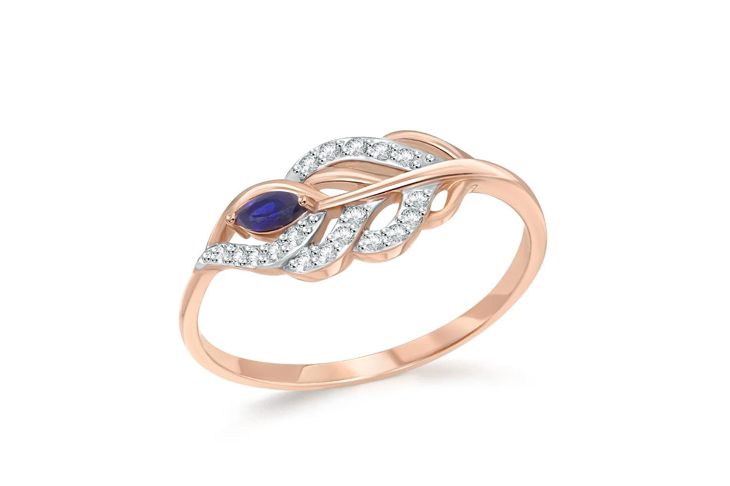 Кольцо Веточка из красного золота с корундом и 18 фианитами