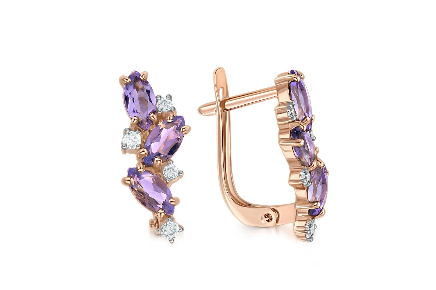 Серьги из красного золота с 6 аметистами и 8 фианитами