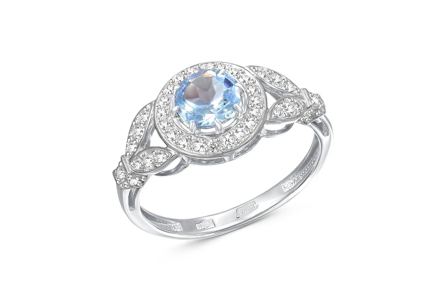 Кольцо из белого золота с топазом sky и 38 фианитами