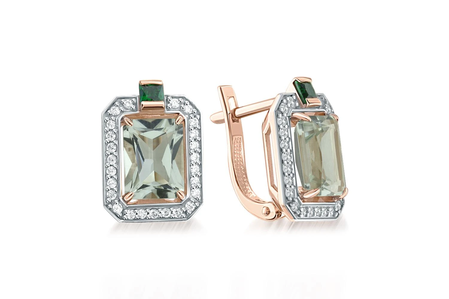 Серьги из красного золота с празиолитами, фианитами и шпинелями