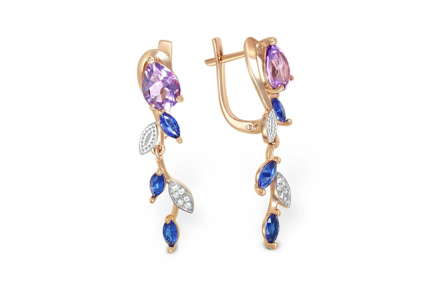 Серьги Веточки из красного золота с 2 аметистами и 18 фианитами