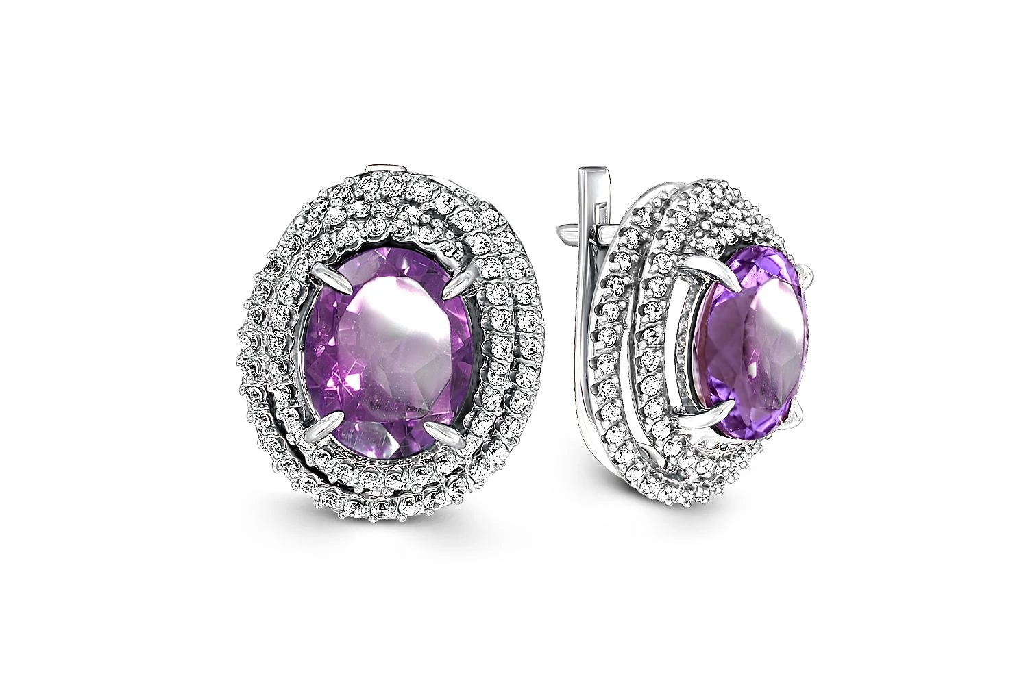Серьги из белого золота с 2 аметистами и 138 фианитами