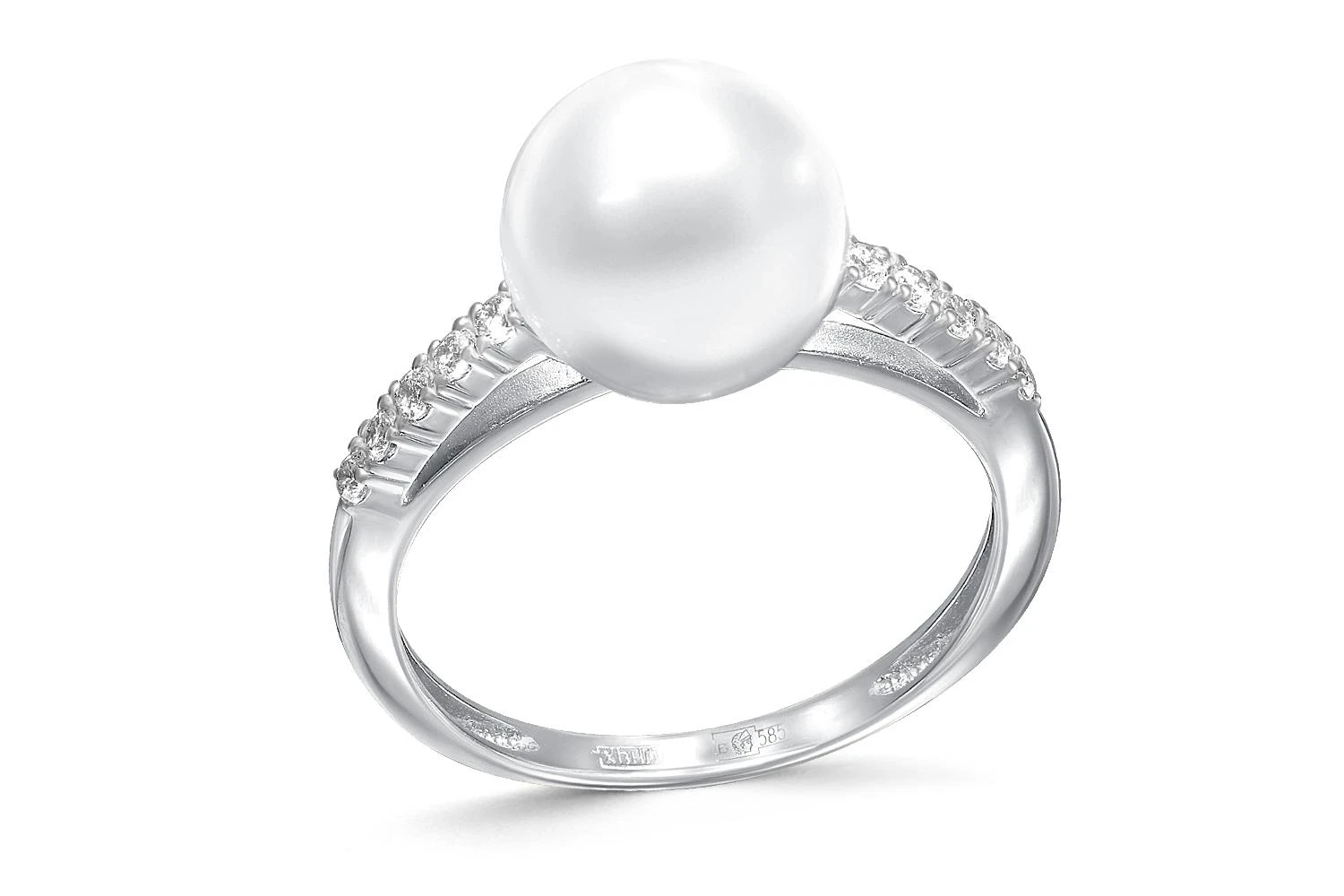 Кольцо из белого золота с жемчугом и 10 фианитами