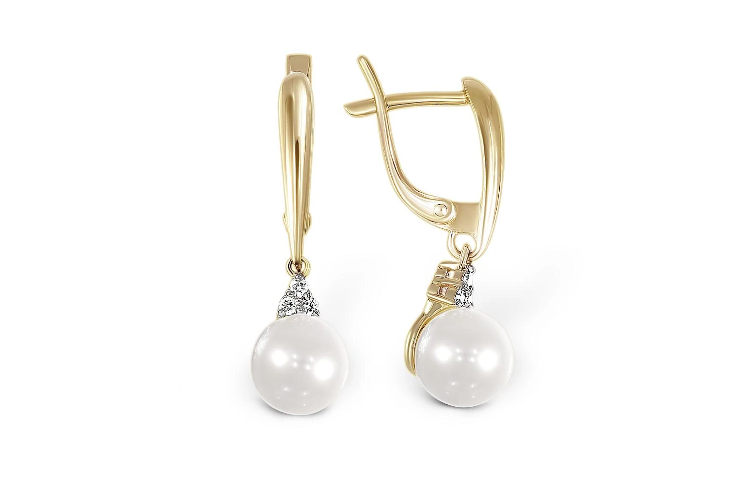 Серьги из жёлтого золота с 2 жемчужинами и 6 бриллиантами