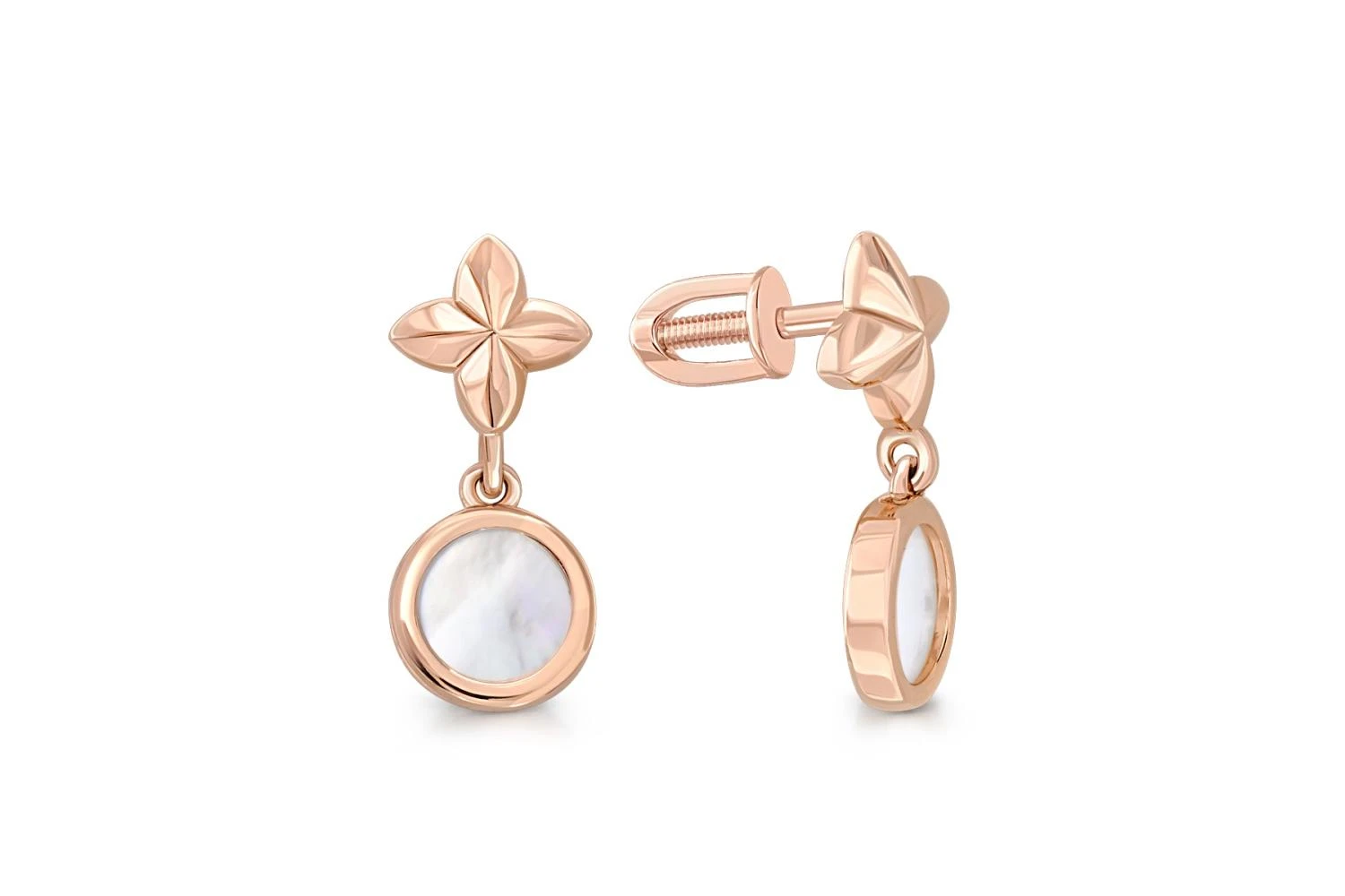 Серьги-пусеты Цветы из красного золота с перламутром