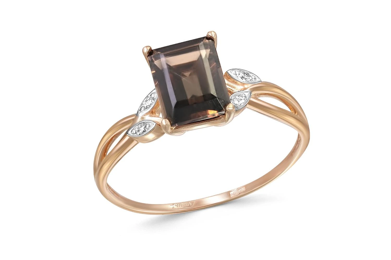 Кольцо Веточка из красного золота с раухтопазом и 4 фианитами