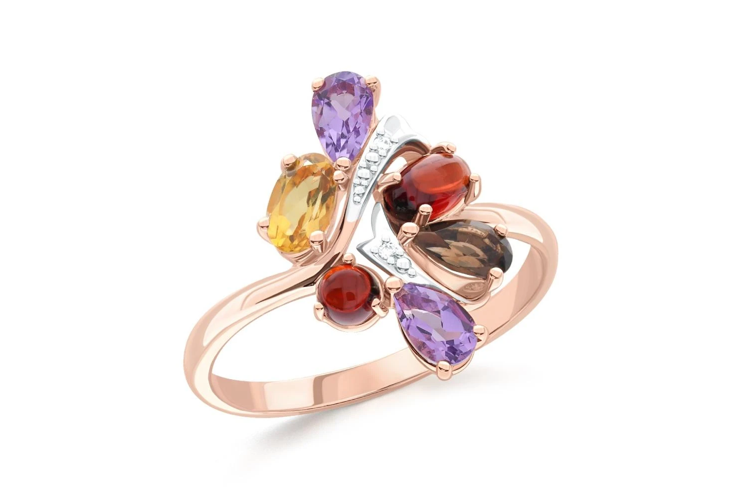 Кольцо из красного золота с гранатами, цитрином и фианитами