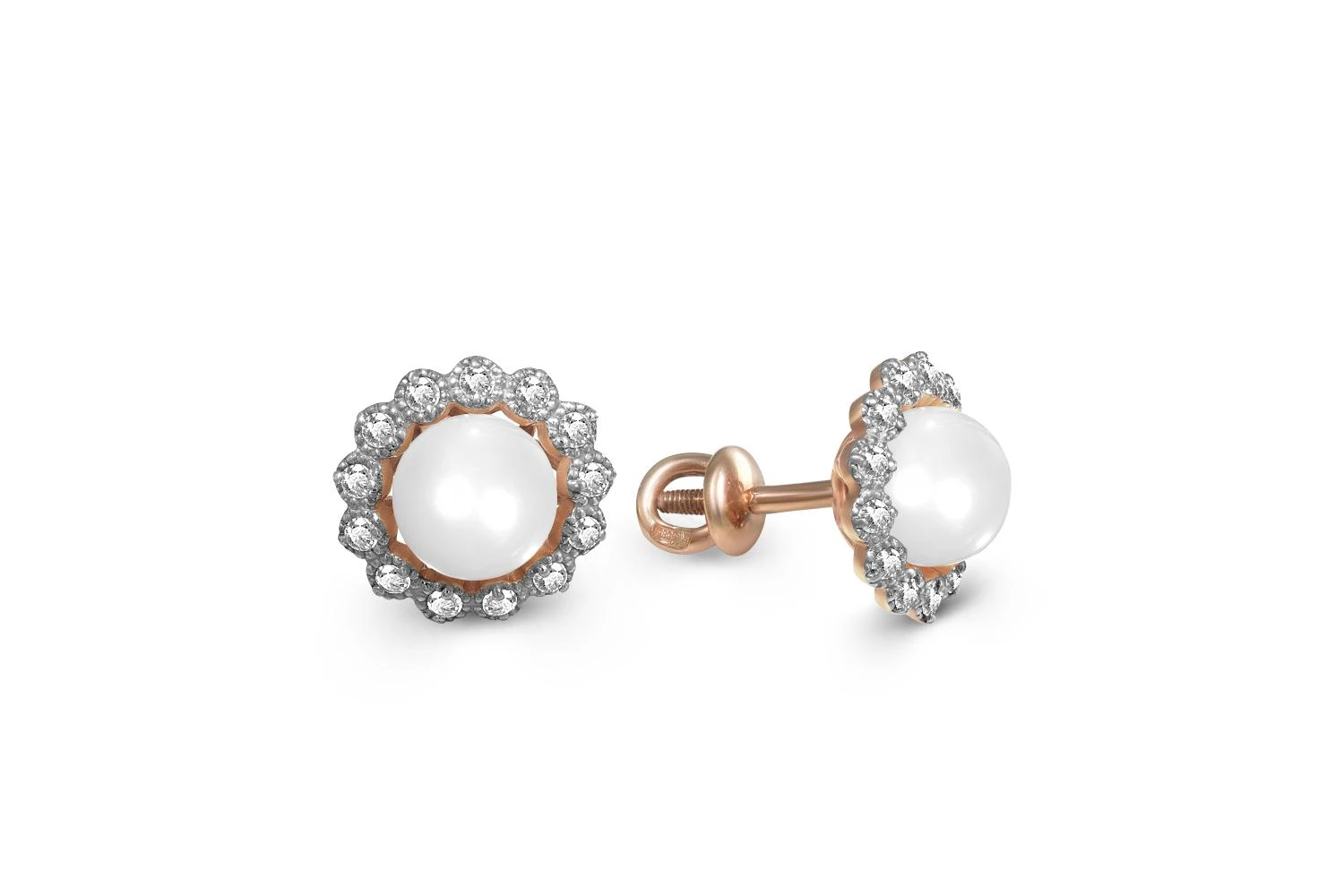 Серьги-пусеты Цветы из красного золота с 2 жемчужинами и 26 фианитами