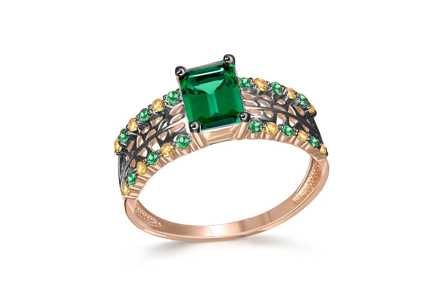 Кольцо из красного золота с изумрудом и 24 фианитами