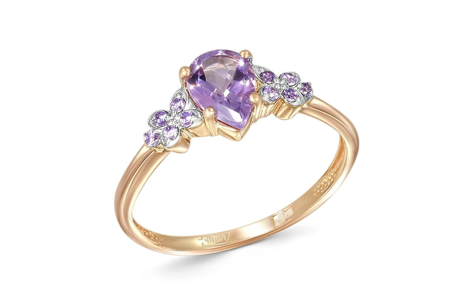 Кольцо Цветок из красного золота с аметистом и 10 фианитами
