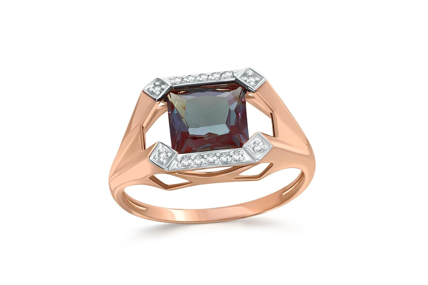 Кольцо из красного золота с александритом и 14 фианитами