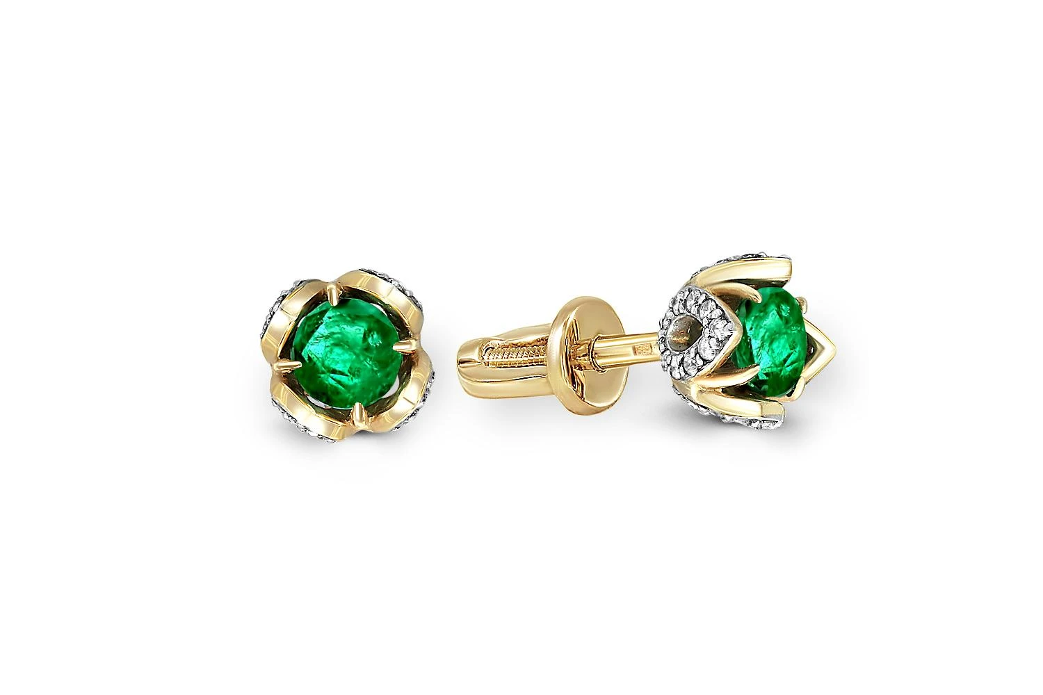 Серьги-пусеты Цветы из жёлтого золота с 2 изумрудами и 80 бриллиантами