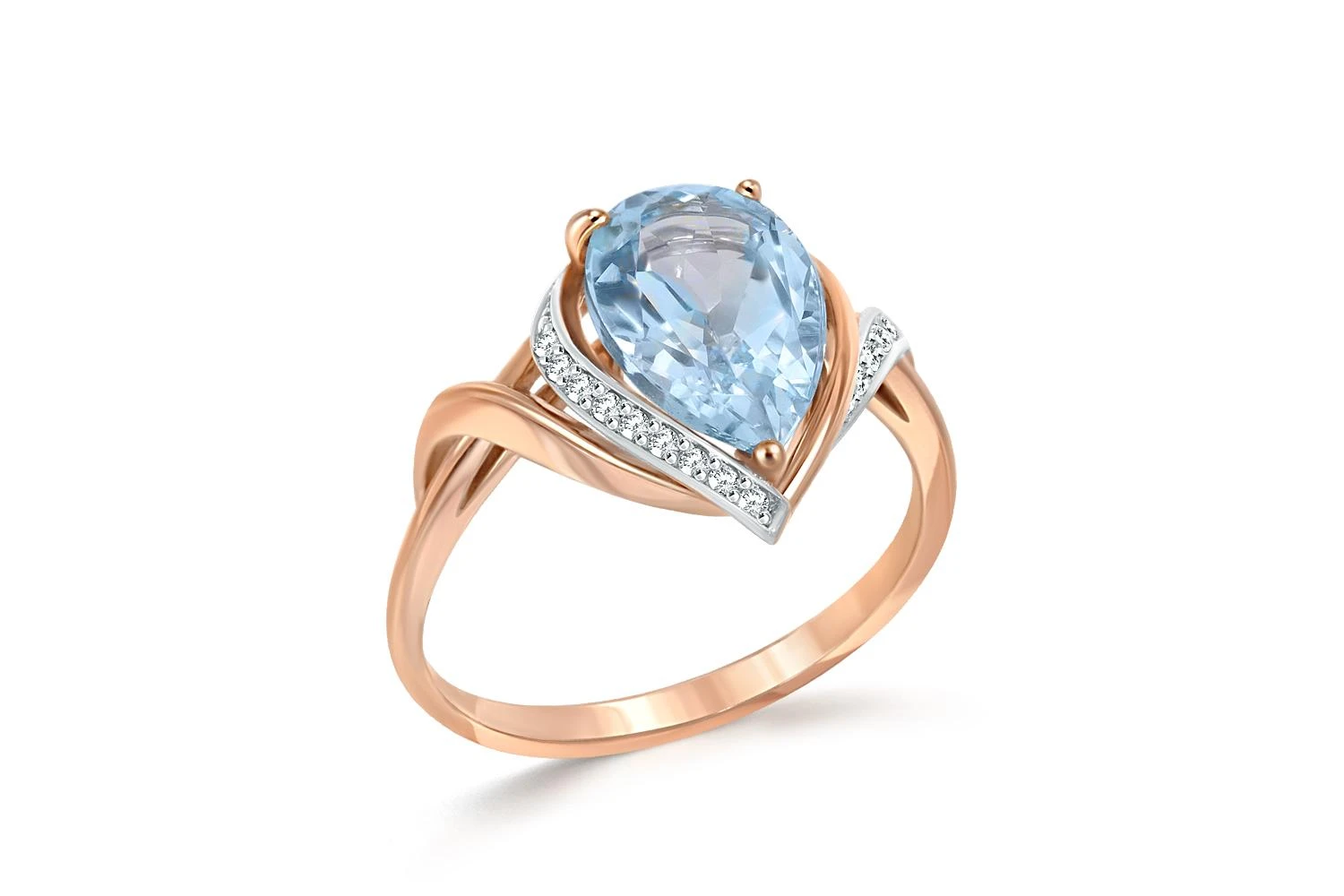 Кольцо из красного золота с топазом sky и 15 фианитами