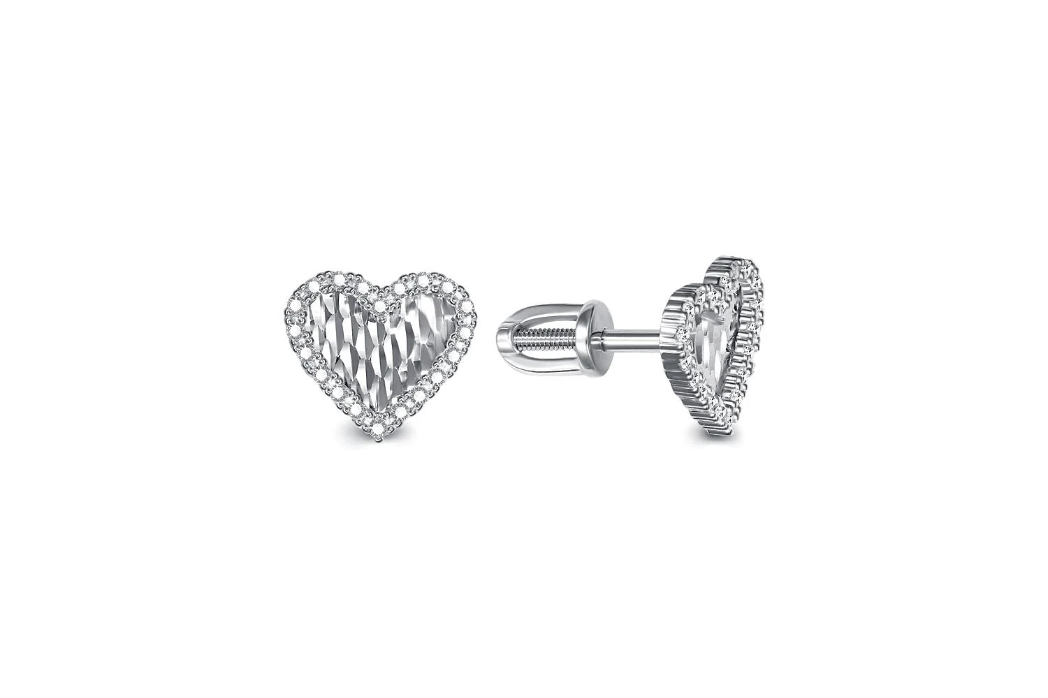 Серьги-пусеты Сердца из белого золота с 40 фианитами