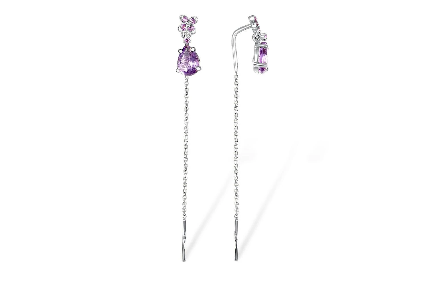 Серьги-продёвки Цветы из красного золота с 12 аметистами