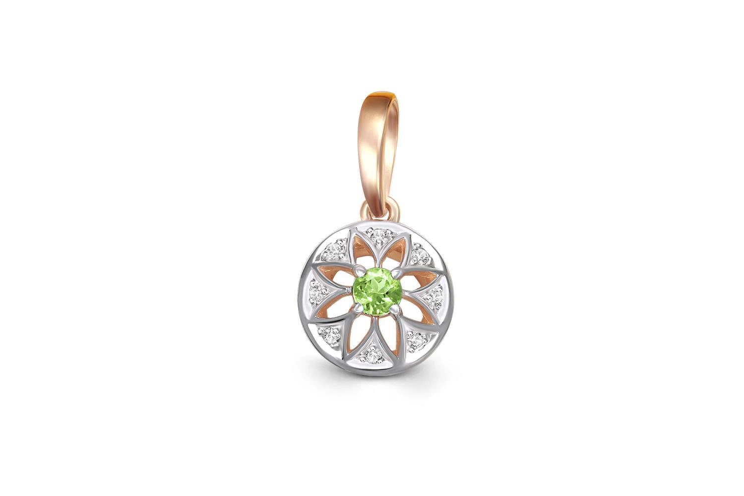 Подвеска Цветок из красного золота с хризолитом и 8 фианитами