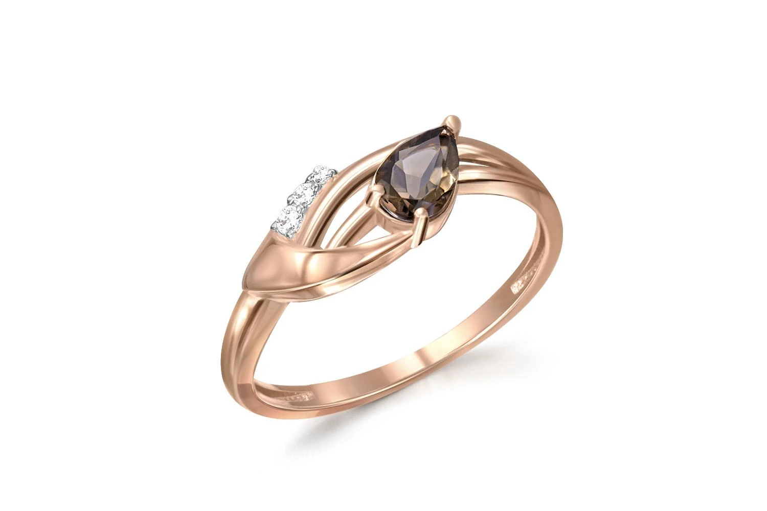 Кольцо из красного золота с раухтопазом и 3 фианитами