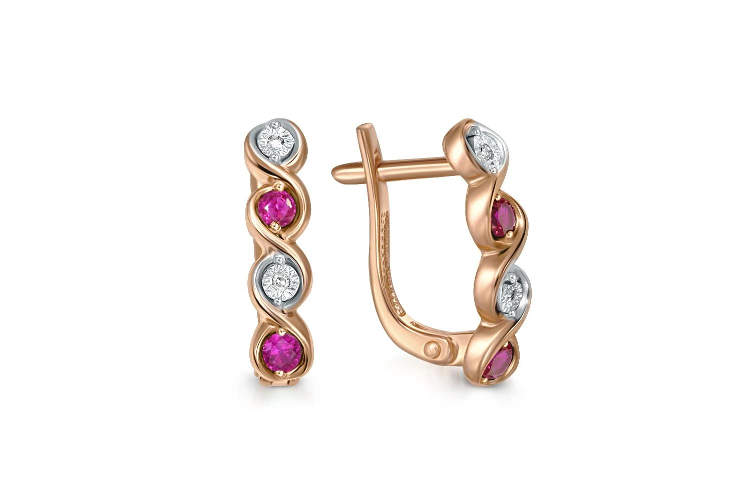 Серьги из красного золота с 4 корундами и 4 бриллиантами