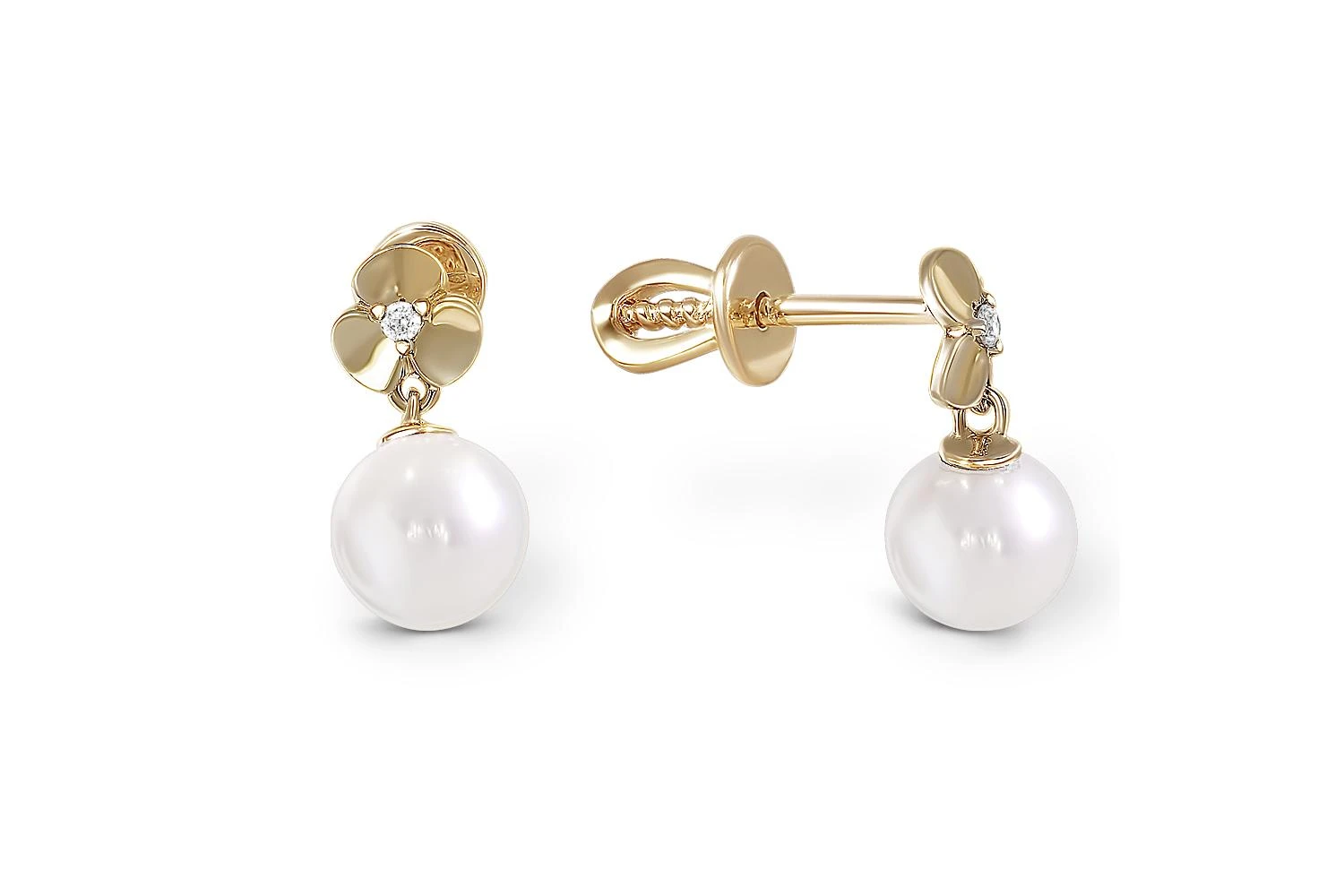 Серьги-пусеты Цветы из жёлтого золота с 2 жемчужинами и 2 фианитами