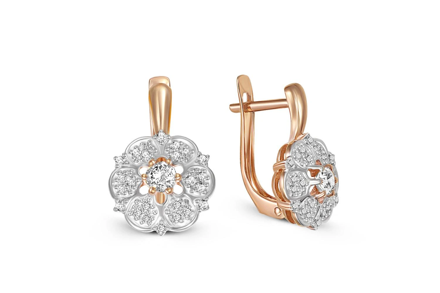 Серьги Цветы из красного золота с 50 фианитами