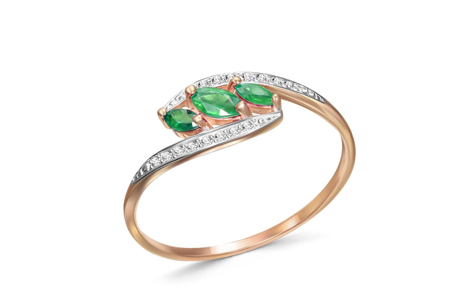 Кольцо из красного золота с 3 изумрудами и 16 бриллиантами