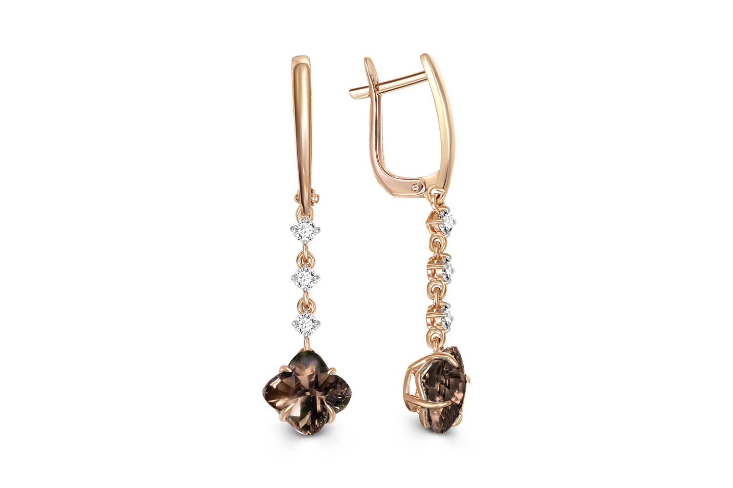 Серьги из красного золота с 2 раухтопазами и 6 фианитами