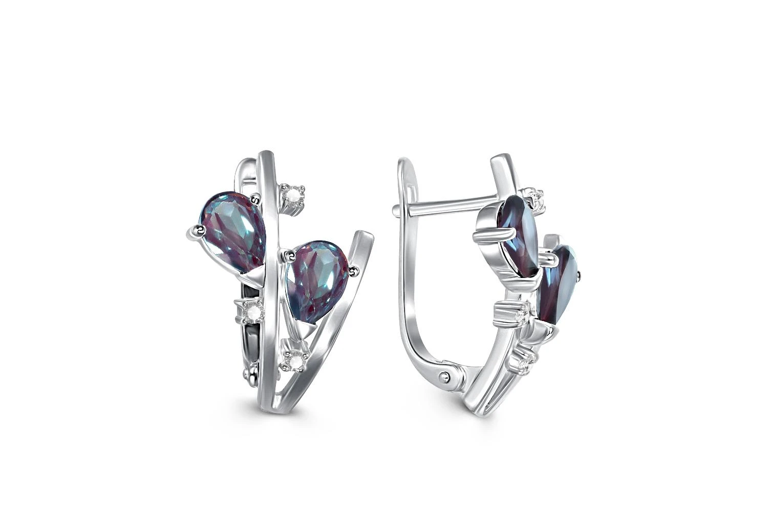 Серьги из белого золота с 4 александритами и 6 фианитами