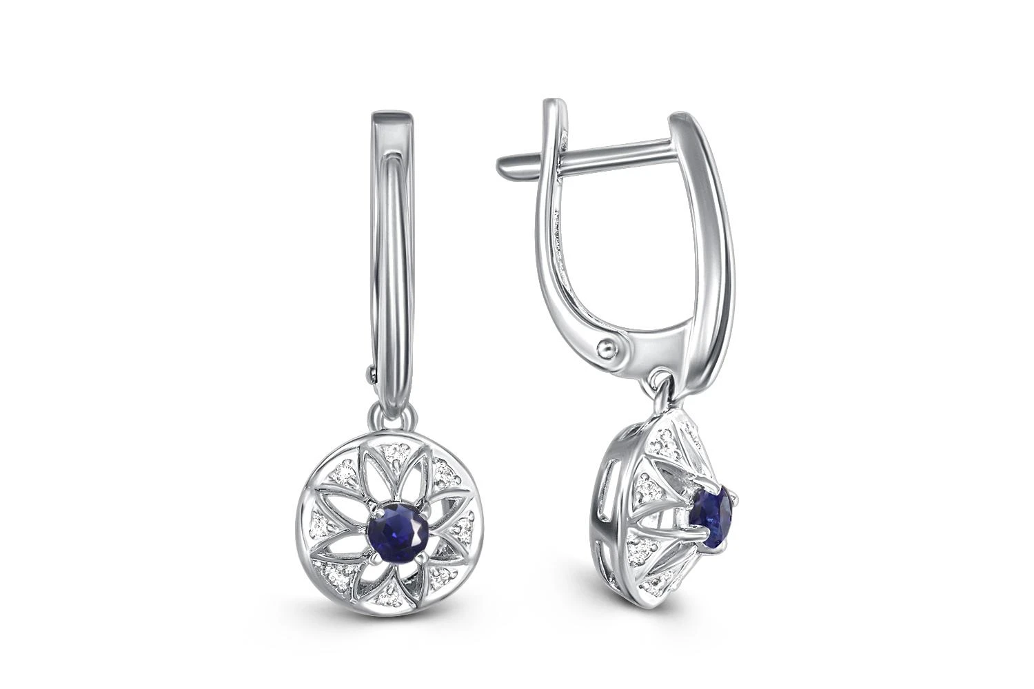 Серьги Цветы из белого золота с 2 сапфирами и 16 фианитами