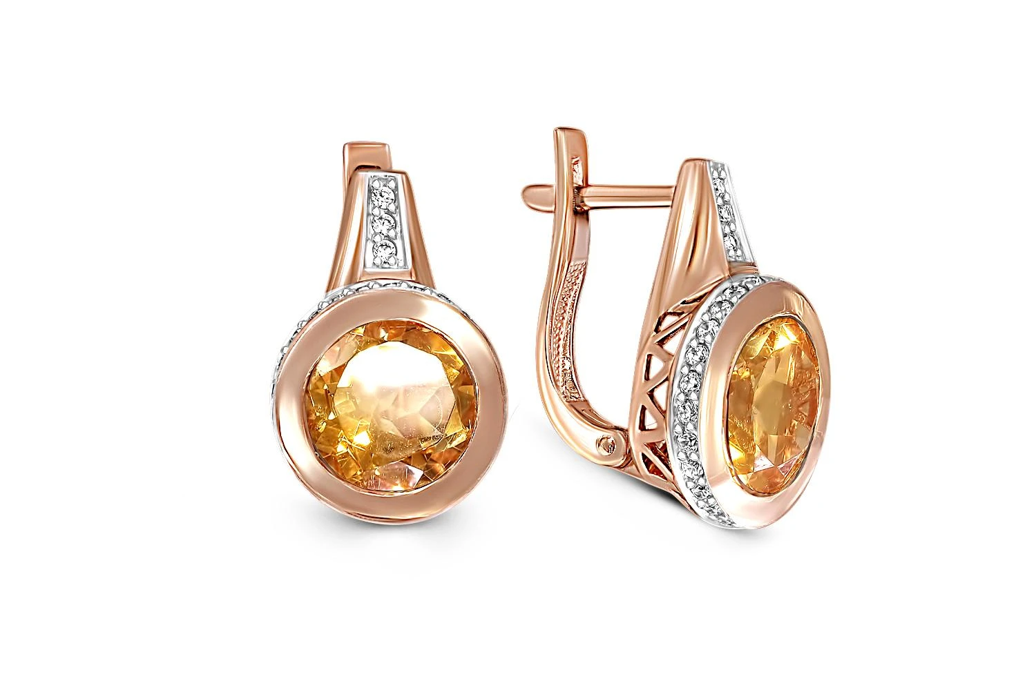 Серьги из красного золота с 2 цитринами и 58 фианитами