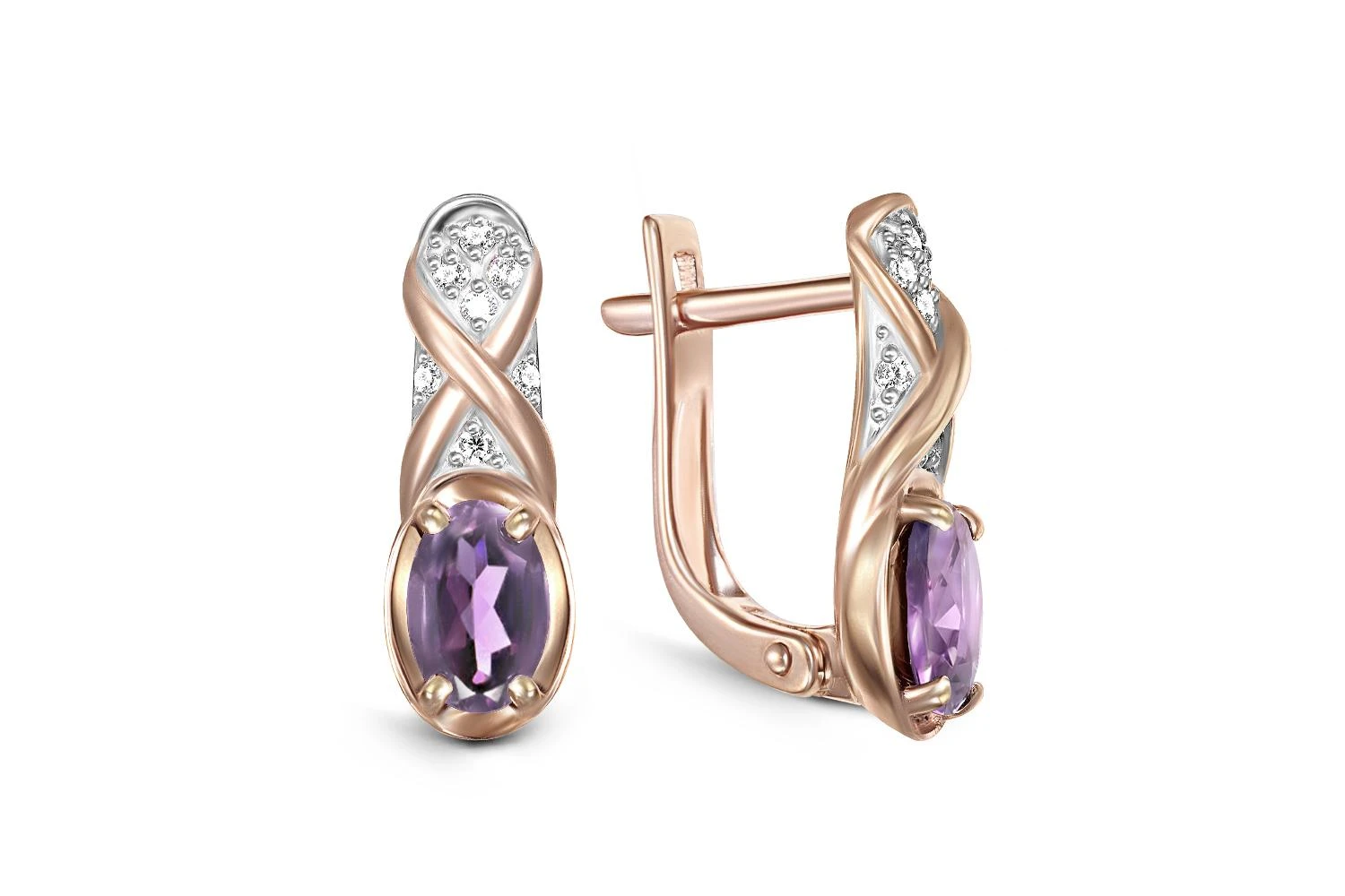 Серьги из красного золота с 2 аметистами и 14 фианитами