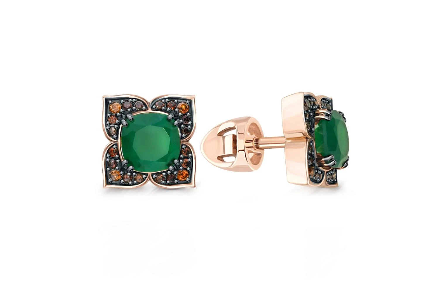 Серьги-пусеты Цветы из красного золота с 2 агатами и 40 фианитами