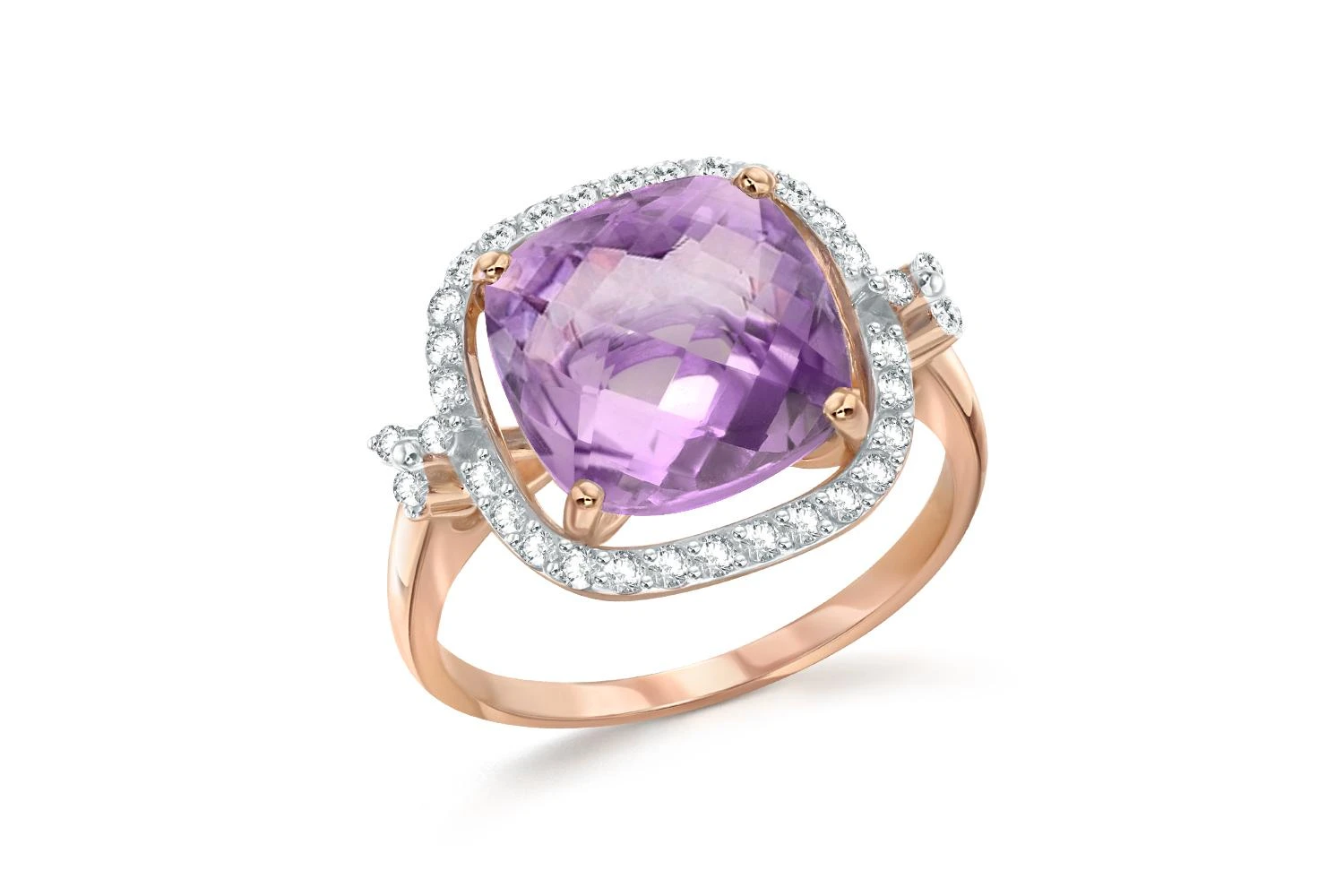 Кольцо из красного золота с аметистом и 34 фианитами
