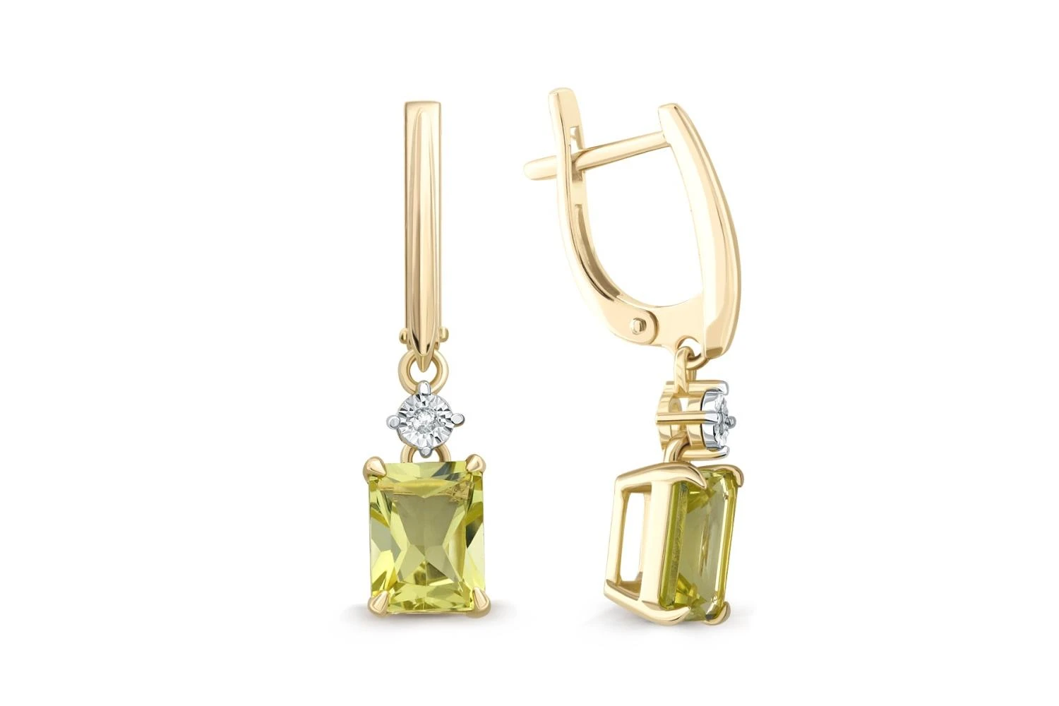 Серьги из жёлтого золота с 2 кварцами и 2 бриллиантами