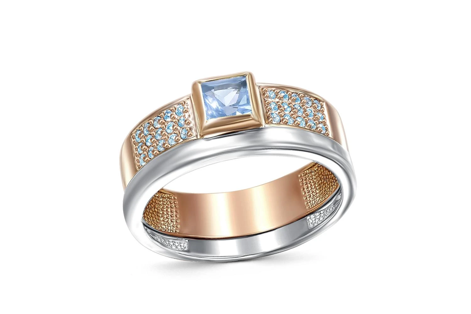 Кольцо из красного золота с топазом sky и 30 фианитами