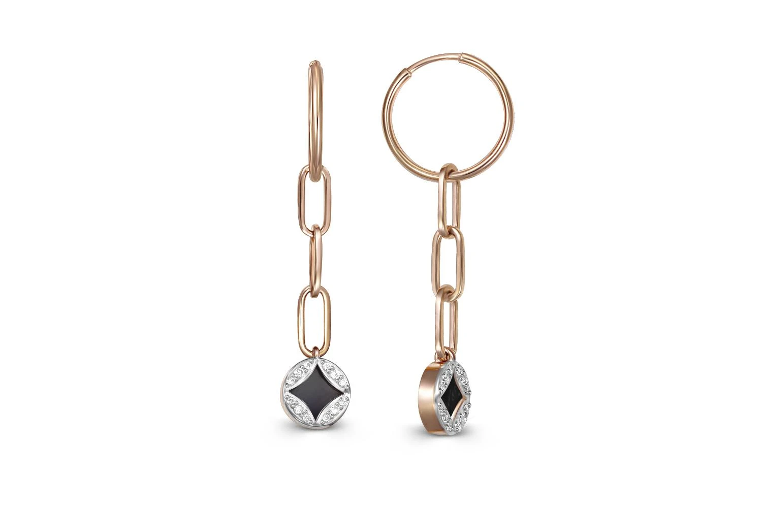 Серьги из красного золота с 2 ониксами и 24 фианитами