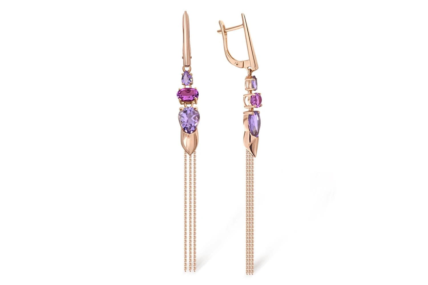 Серьги из красного золота с 4 аметистами и 2 родолитами