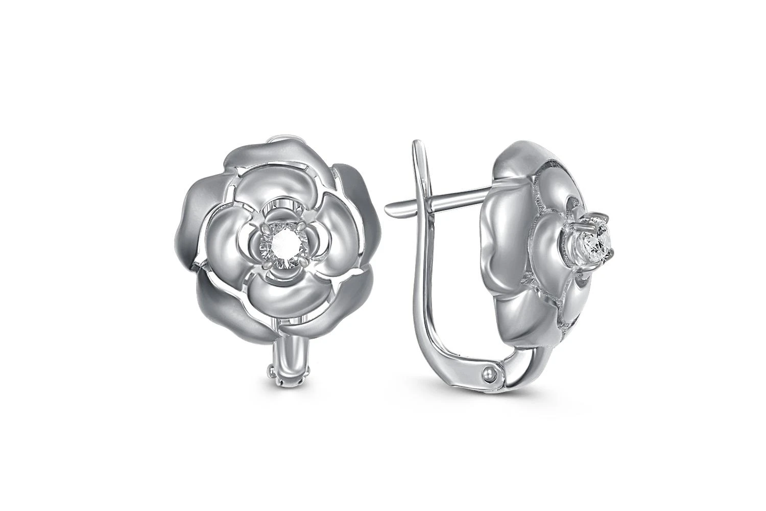 Серьги Цветы из белого золота с 2 фианитами