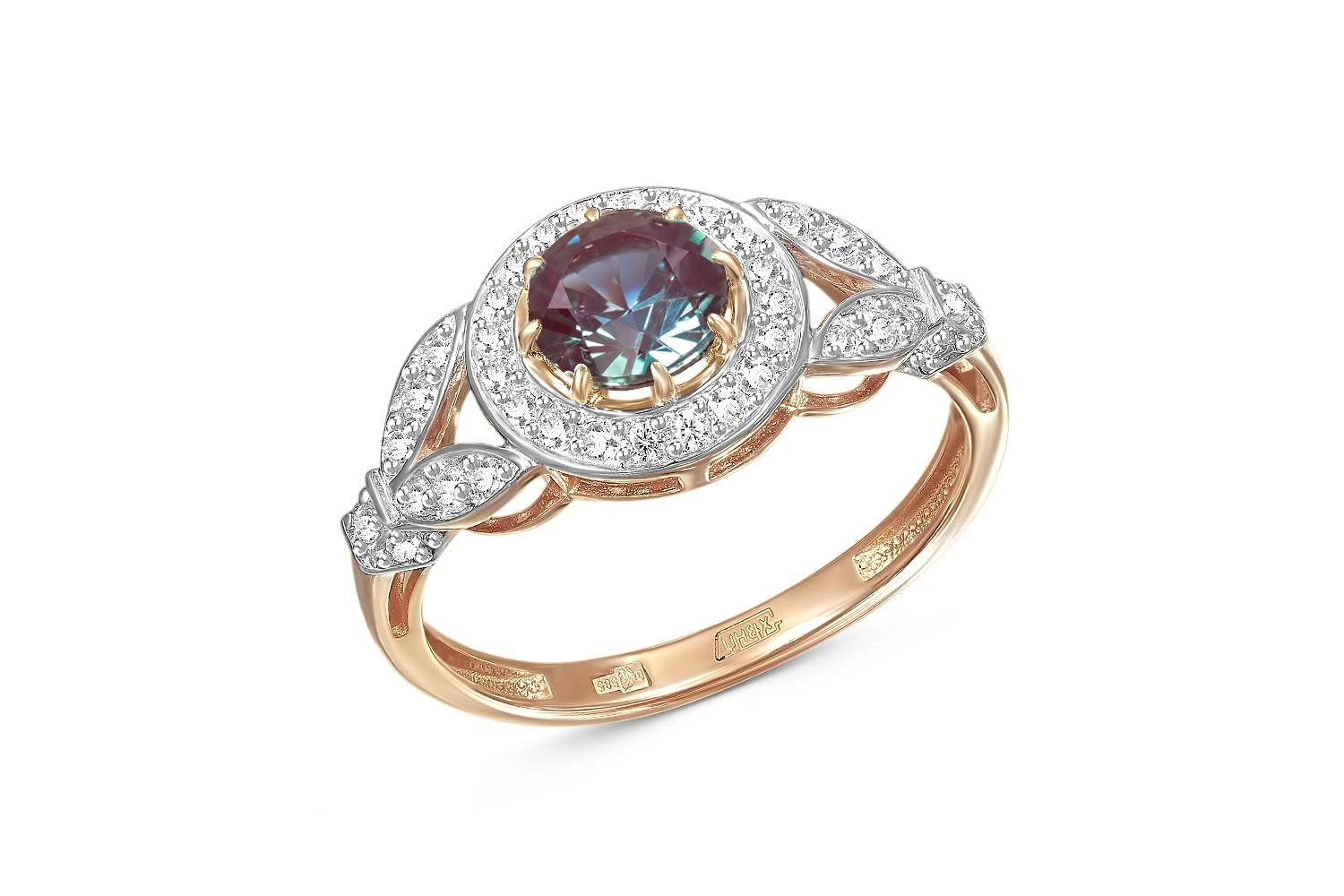 Кольцо из красного золота с александритом и 38 фианитами