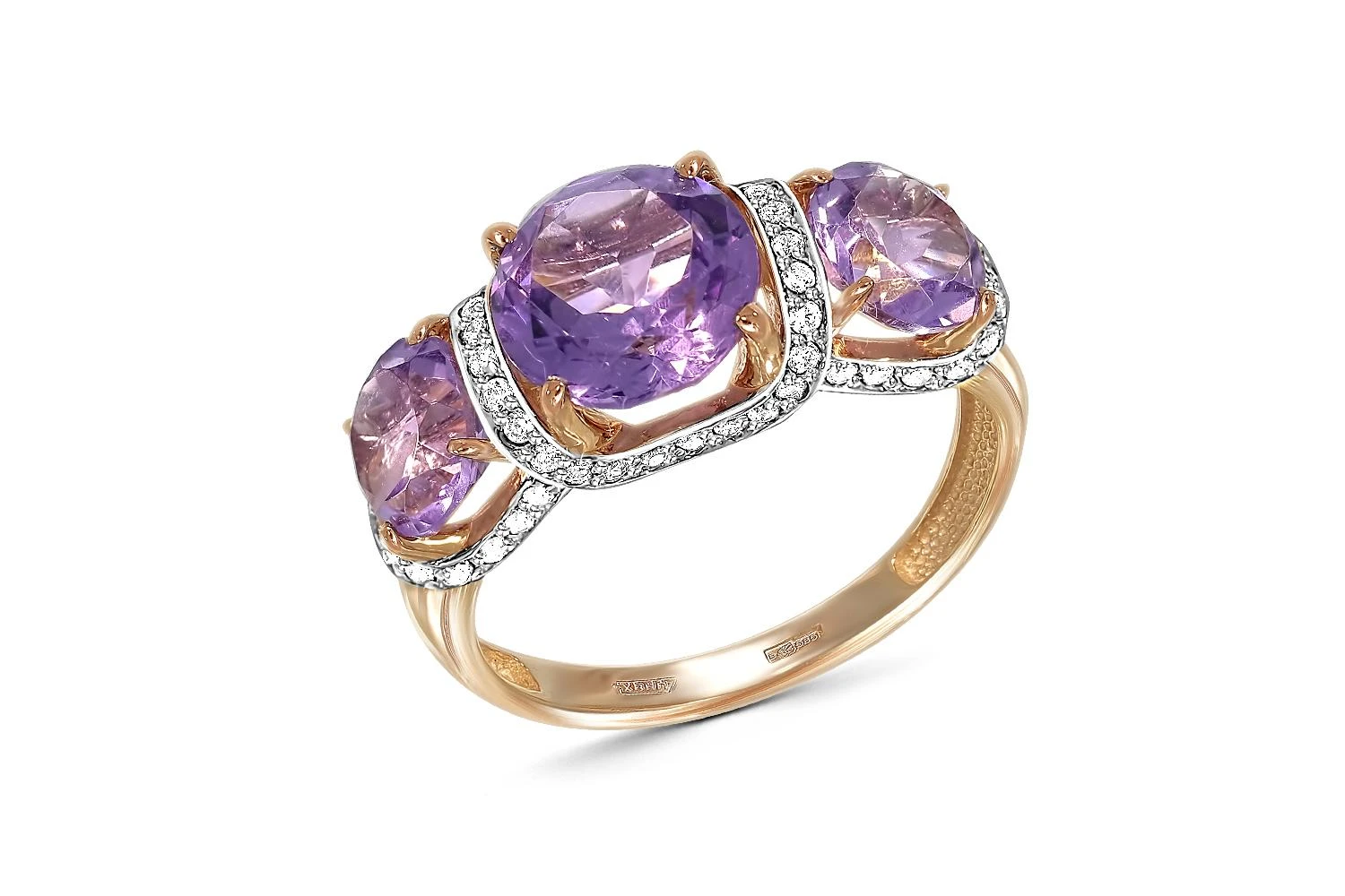 Кольцо из красного золота с 3 кварцами и 58 фианитами