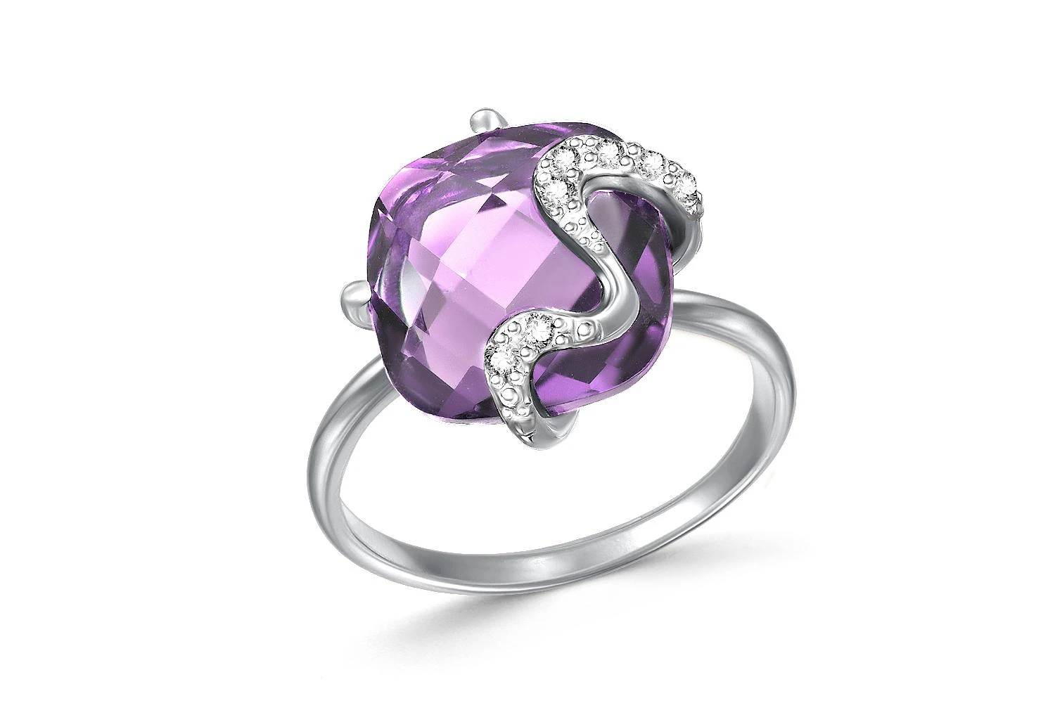 Кольцо из белого золота с аметистом и 7 фианитами