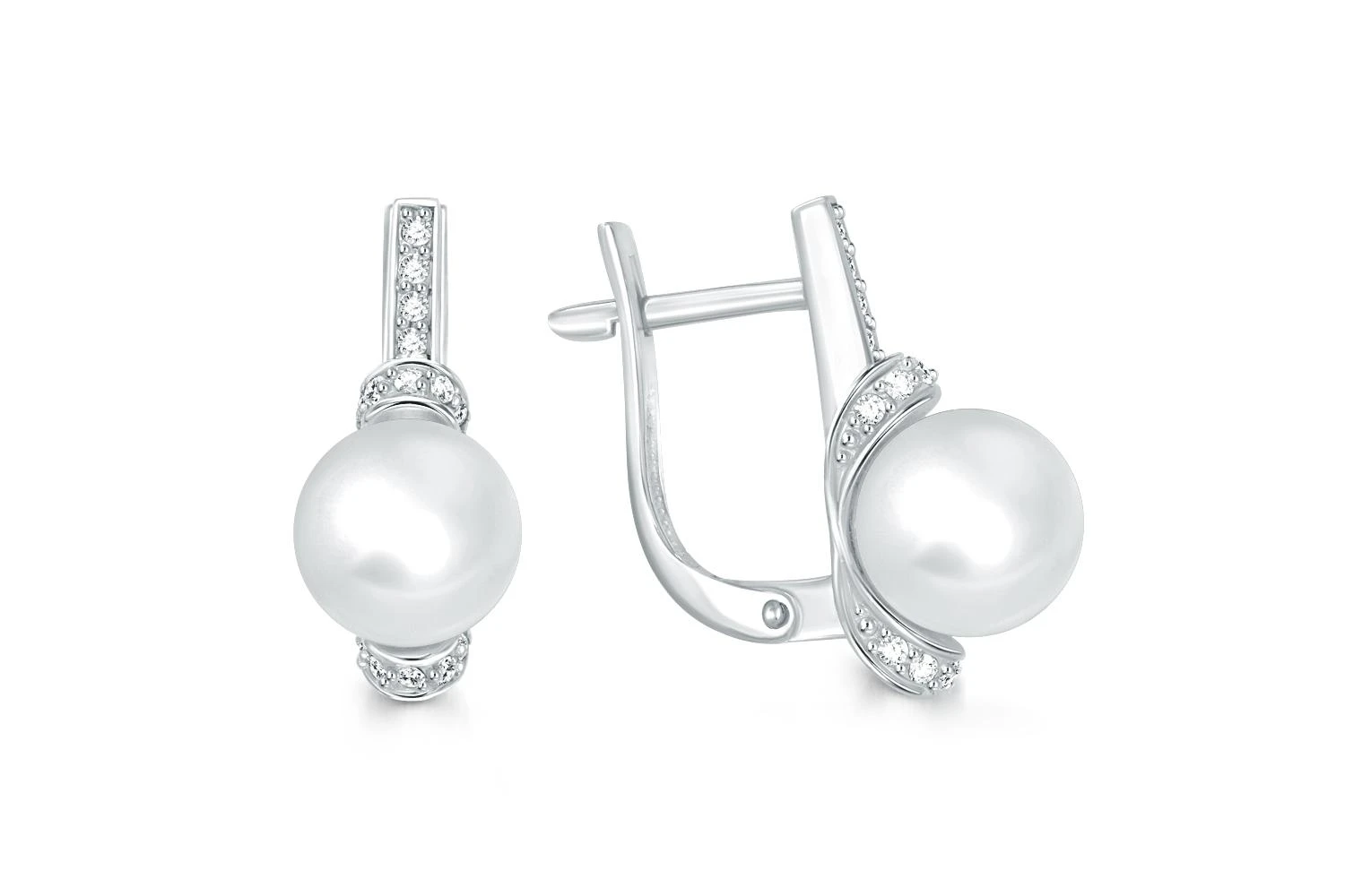 Серьги из белого золота с 2 жемчужинами и 28 фианитами